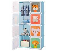 HOMFME Meuble Rangement Enfant, 75x35x145 CM, Armoire Bebe avec 8 Cubes & 2 Sections Suspendues, Rangement Jouet Enfant Motif Animaux，Armoire Chambre Bébé pour Vêtements Chaussures (Bleu, 8 Cubes)