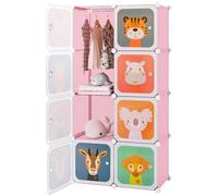 HOMFME Meuble Rangement Enfant, 75x35x145 CM, Armoire Bebe avec 8 Cubes & 2 Sections Suspendues, Rangement Jouet Enfant Motif Animaux，Armoire Chambre Bébé pour Vêtements Chaussures (Rose, 8 Cubes)