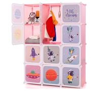 HOMFME Rangement Jouet Enfant, Meuble Rangement Enfant avec 12 Cubes & 2 Barres Suspension, Chambre Armoire Bebe Motifs d'Espace Mignons, pour Vêtements, Chaussures, Jouets, 109x37x145CM