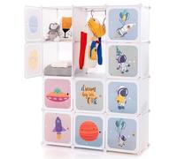 HOMFME Rangement Jouet Enfant, Meuble Rangement Enfant avec 12 Cubes & 2 Barres Suspension, Chambre Armoire Bebe Motifs d'Espace Mignons, pour Vêtements, Chaussures, Jouets, 109x37x145CM