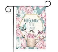 HOMFREEST Drapeau de jardin « Welcome to The Garden » - 30,5 x 45,7 cm - Vertical double face - Bleu et rose - Décoration de vacances pour porche et terrasse