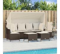 Homgoday Canapé de jardin, 5 pièces, avec toit, salon de jardin, balcon, terrasse, salon, banc, canapé d'angle avec coussins, en polyrotin, marron