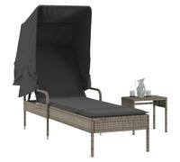 Homgoday Chaise longue avec auvent et table basse gris polyrotin, chaises longues, canapé-lit, lit meuble, lit de piscine, chaise longue de jardin