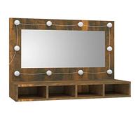 Homgoday Coiffeuse, table de maquillage avec miroir et lumières LED avec luminosité réglable, coiffeuse pour fille avec 4 compartiments ouverts, petite coiffeuse de maquillage moderne, chêne fumé