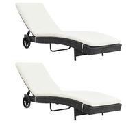 Homgoday Lits de bain 2 pièces avec roues Coussins en polyrotin noir, chaises longues, canapé-lit meuble, lit de piscine, chaise longue de jardin