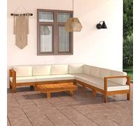 Homgoday Meubles de Jardin 8 Pièces Coussins en Bois d'acacia Crème Canapé de Jardin Meubles de Jardin pour Jardin, Terrasse, Coin Extérieur 6x Central + Table