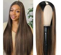 Homgoss Perruque de cheveux humains FB30 couleur U Part avec cordon de serrage, densité 200 %, 61 cm, sans colle, sans couture, sans laisse, couleur marron ombré, adaptée aux débutants