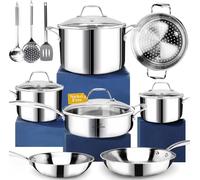HOMICHEF batterie de cuisine en acier inoxydable sans nickel 14 pièces 3 Plis Entièrement Revêtue - Marmites et poêles polies miroir - Batterie de cuisine à induction non toxique avec cuiseur vapeur