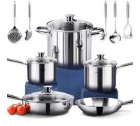 HOMICHEF Batterie de cuisine en acier inoxydable sans nickel 14 pièces - marmites et poêles sans nickel - Batterie de cuisine non toxique en acier inoxydable - Batteries de cuisine à induction saines