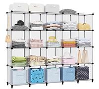 HOMIDEC Étagère de Rangement avec 20 Casiers, Meuble de Rangement, Etagères Empilables en Plastique, Bibliothèque, Armoire de Rangement Modulaire pour Livres, Vêtements, Jouets, Transparent