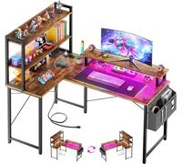 Homieasy Bureau d'ordinateur en forme de L avec bibliothèque, bureau d'angle réversible de 119,4 cm avec station de charge et lumière LED, bureau de bureau à domicile avec clapier, support de moniteur