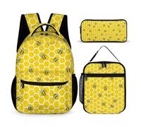 Homieblanket Sac à dos abeille avec boîte à déjeuner et trousse à crayons, sac à dos de 40,6 cm sur le thème des abeilles, réglable, léger, grande capacité, ensemble de sac à dos coloré pour enfants,