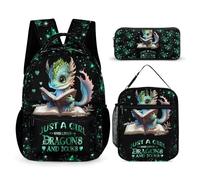 Homieblanket Sac à dos dragon avec boîte à déjeuner et trousse à crayons, sac à dos de 40,6 cm, sac à dos réglable léger et grande capacité, motif dragon coloré pour enfants, filles, garçons, école