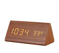 Homieco Numérique Réveil Bois Réglable Luminosité Contrôle Vocal LED Triangle Réveil Horloge De Bureau Affichage Temps Température pour La Décoration Intérieure (Bois Brun Mot Orange)