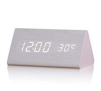 Homieco Numérique Réveil Bois Réglable Luminosité Contrôle Vocal LED Triangle Réveil Horloge De Bureau Affichage Temps Température pour La Décoration Intérieure (Lumière Blanche en Bois Blanc)