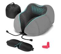 HOMIEE Oreiller de Voyage, Oreiller Cervical en Mousse à Mémoire de Forme, Coussin de Support Cervical Essentiel pour Voyager, Masque de Sommeil, Bouchons d'oreille et Sac de Transport