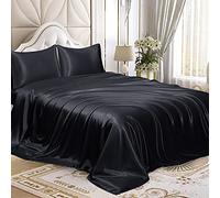 Homiest Parure de lit 4 pièces en Satin Soyeux avec Poche Profonde, 1 Drap-Housse + 1 Drap Plat + 2 taies d'oreiller (Grand lit, Noir)