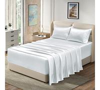 Homiest Parure de lit en satin 4 pièces à bonnets extra profonds - Ensemble de draps en satin blanc pour lit King (bonnets de 45 à 61 cm), literie luxueuse et soyeuse pour matelas très épais