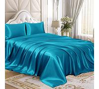 Homiest Parure de lit en satin 4 pièces - Ensemble de literie luxueux en satin soyeux avec bonnets profonds, comprenant 1 drap-housse, 1 drap plat et 2 taies d’oreiller (Full, turquoise)