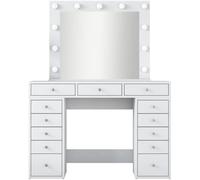 HOMIFAB Coiffeuse 13 tiroirs Blanche avec Miroir Lumineux 120 cm - Arezzo