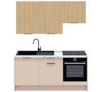 HOMIFAB Ensemble de 6 Meubles de Cuisine - L. 185 cm - Beige Cachemire et chêne Clair cannelé - Luzia Mix