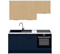 HOMIFAB Ensemble de 6 Meubles de Cuisine - L. 185 cm - Bleu Marine et chêne Clair cannelé - Luzia Mix