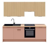 HOMIFAB Ensemble de 8 Meubles de Cuisine - L. 245 cm - Abricot et chêne Clair cannelé - Luzia Mix