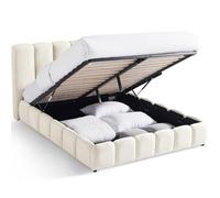 HOMIFAB Lit Coffre Adulte 140x190 cm avec tête de lit capitonnée en Tissu Chenille Beige - Nils