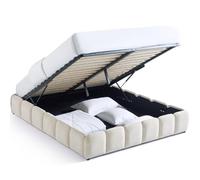 HOMIFAB Lit Coffre Adulte 140x190 cm en Tissu Chenille Beige - Nilsa