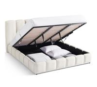HOMIFAB Lit Coffre Adulte 180x200 cm avec tête de lit capitonnée en Tissu Chenille Beige - Nils