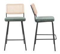 HOMIFAB Lot de 2 chaises de Bar en cannage et Velours côtelé Vert, piètement Noir - Muse