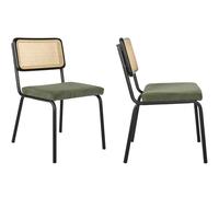 HOMIFAB Lot de 2 chaises en métal et Bois Noir, cannage Naturel et Velours côtelé Vert - Paula