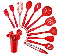 Homikit Lot de 12 ustensiles de cuisine en silicone résistant à la chaleur avec porte-ustensiles, sains et antiadhésifs, passent au lave-vaisselle, rouge