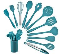 Homikit Lot de 12 ustensiles de cuisine en silicone résistants à la chaleur avec porte-ustensiles, sains et antiadhésifs, passent au lave-vaisselle, bleu