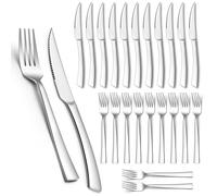 Homikit Lot de 24 couverts à steak en acier inoxydable - Couteaux à steak et fourchettes à steak - Couverts à steak pour 12 personnes - Couteaux de table argentés - Fourchettes de table pour la maison