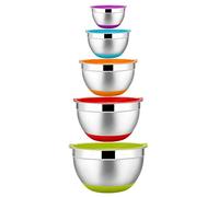 Homikit Lot de 5 saladiers en acier inoxydable avec couvercle et fond en silicone pour la cuisine, multifonctions, empilables, passent au lave-vaisselle, 6,6 l, 3,5 l, 2,5 l, 1,5 l, 1 l