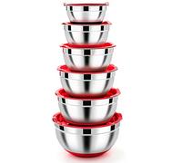 Homikit Lot de 6 bols à salade en acier inoxydable avec couvercle hermétique et fond en silicone, empilables, lavables au lave-vaisselle, 4,6 l/2,8 l/2,5 l/1,6 l/1,5 l/0,7 l, rouge