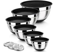 Homikit Lot de 6 bols mélangeurs en acier inoxydable noir avec 3 râpes pour mélanger et mélanger, couvercle hermétique et fond en silicone, 4,6 L/2,8 L/2,5 L/1,6 L/1,2 L/0,7 l, empilable