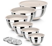 Homikit Lot de 6 saladiers en acier inoxydable avec 3 embouts de râpe, couvercle hermétique et fond en silicone, 4,6 l/2,8 l/2,5 l/1,6 l/1,2 l/0,7 l, empilables, kaki