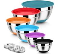 Homikit Lot de 6 saladiers en acier inoxydable avec 3 râpes pour mélanger et mélanger, couvercle hermétique et fond en silicone, 4,6 l/2,8 l/2,5 l/1,6 l/1,2 l/0,7 l, empilables, multicolores
