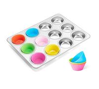 Homikit Moule à muffins, en acier inoxydable, pour 12 muffins, 36 x 26,5 x 3 cm, avec 12 moules à cupcakes en silicone, pour muffins, cupcakes, puddings, brownies, non toxiques et sains, passe au