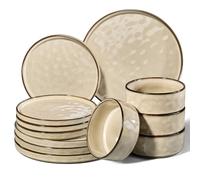 Homikit Service de table 12 pièces pour 4 personnes, service de table combiné avec assiettes plates, assiettes à dessert et bols à céréales, passe au micro-ondes et au lave-vaisselle, kaki élégant