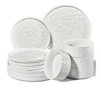 Homikit Service de table 12 pièces pour 4 personnes, service de table combiné avec assiettes plates, assiettes à dessert et bols à céréales, passe au micro-ondes et au lave-vaisselle, blanc moucheté