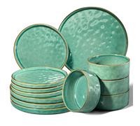 Homikit Service de table 12 pièces pour 4 personnes, service de table combiné avec assiettes plates, assiettes à dessert et bols à céréales, passe au micro-ondes et au lave-vaisselle, vert vif
