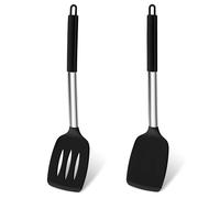 Homikit Spatules en Silicone, Ustensiles de Cuisine avec Manche en Acier Inoxydable, Set de spatules Noires, résistante à la Chaleur Ustensiles de Cuisine Lot de 2 pour la Cuisine, faciles à Nettoyer