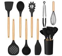 Homikit ustensiles de Cuisine Lot de 9, Silicone Noir avec Manche en Bois, Couverts de Cuisine résistants à la Chaleur avec Porte-ustensiles, spatule antiadhésive, faciles à Nettoyer