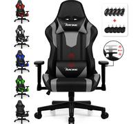 Homimaster Chaise gaming ergonomique avec coussin lombaire réglable, appuie-tête et accoudoirs - assise rembourrée, fonction bascule - charge max 150 kg - gris