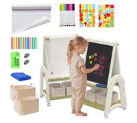 Hominewti Chevalet d'art pour enfants avec rouleau de papier, hauteur réglable, double face tableau blanc et tableau noir avec accessoires de peinture, Idéal pour les garçons et les filles, Vert