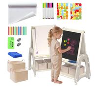 Hominewti Chevalet d'art pour enfants avec rouleau de papier, hauteur réglable, double face tableau blanc et tableau noir avec accessoires de peinture, Idéal pour les garçons et les filles, Blanc
