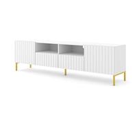 Homlando 2D2S Armoire TV Wave 200 cm avec Façades en MDF sur Pieds en Métal Brossé, Table TV, Buffet avec 2 Portes, 2 Tiroirs et 2 Étagères (Blanc Mat)